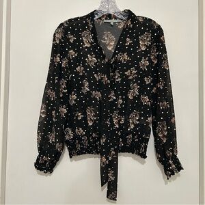 Sweet Rain Women's Black Floral Gold Polka Dot Sheer Top Tie-Neck Smocked Hem S